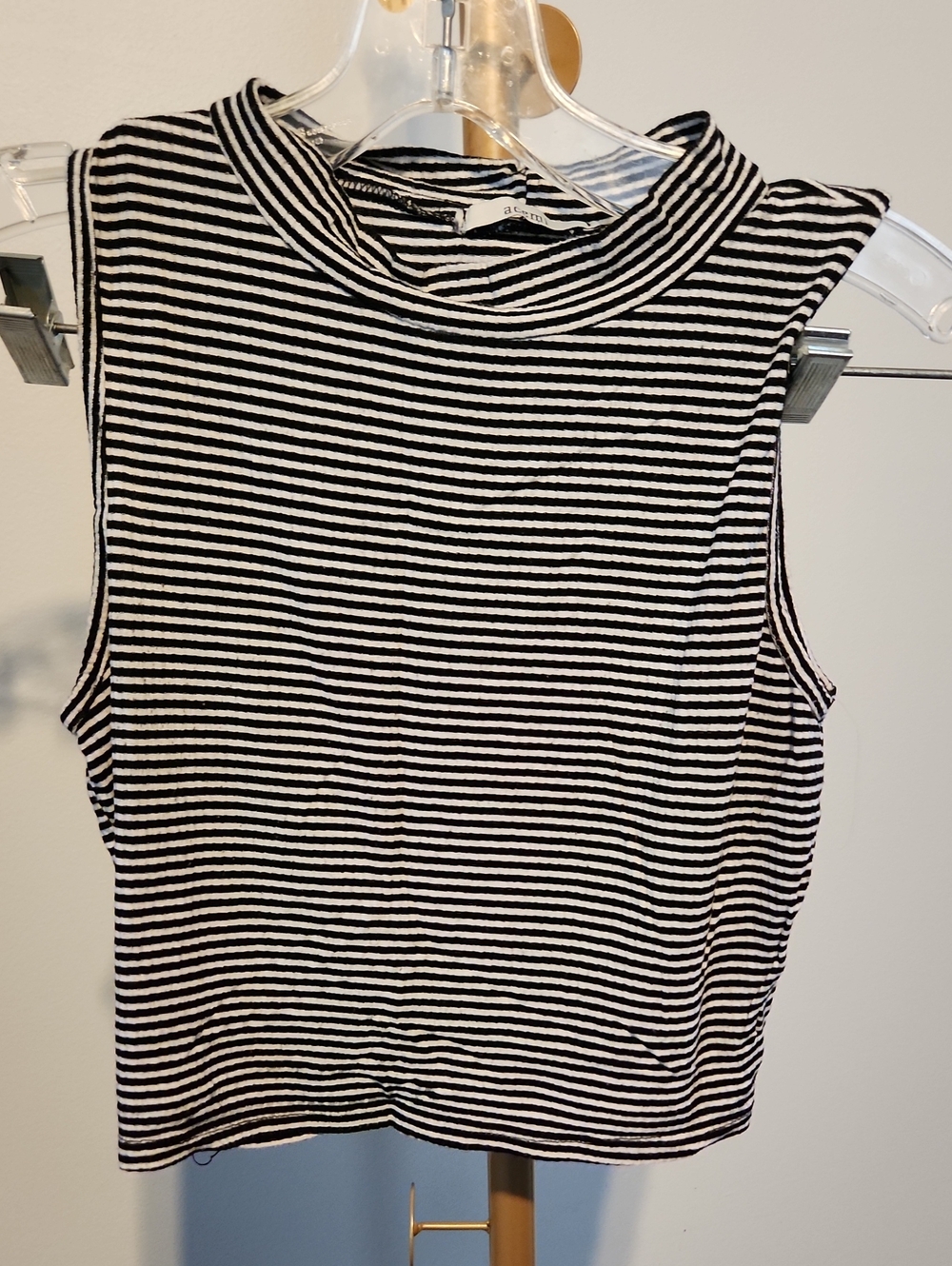 Acemi Black & White Striped Sleeveless Mock Neck Tank